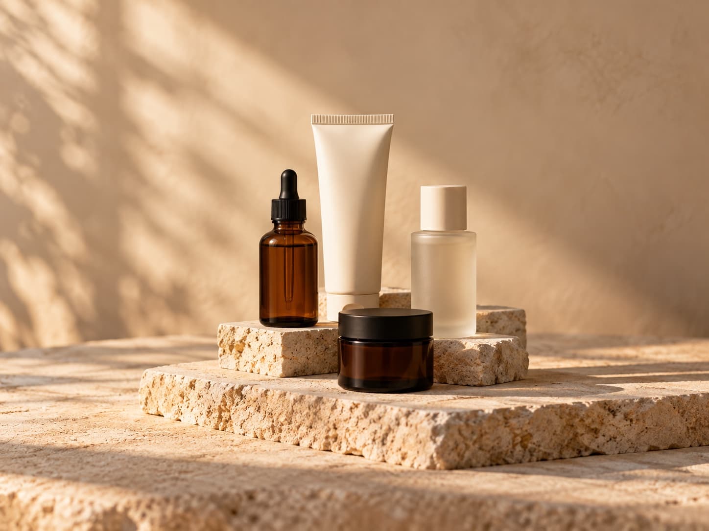 Unbranded skincare bottles and jars on stone in morning sunlight