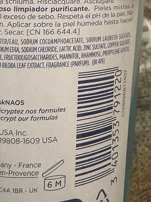A phone photo of the back of a Bioderma Sebium cleanser, its barcode 3401353791220 beside the ingredient list
