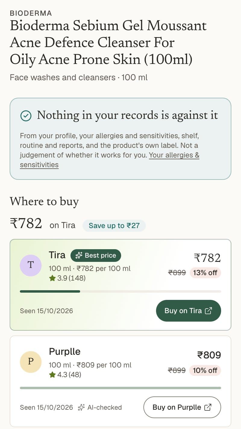 The check on that cleanser: nothing in the records is against it, and it's lowest on Tira at ₹782, ₹27 less than on Purplle
